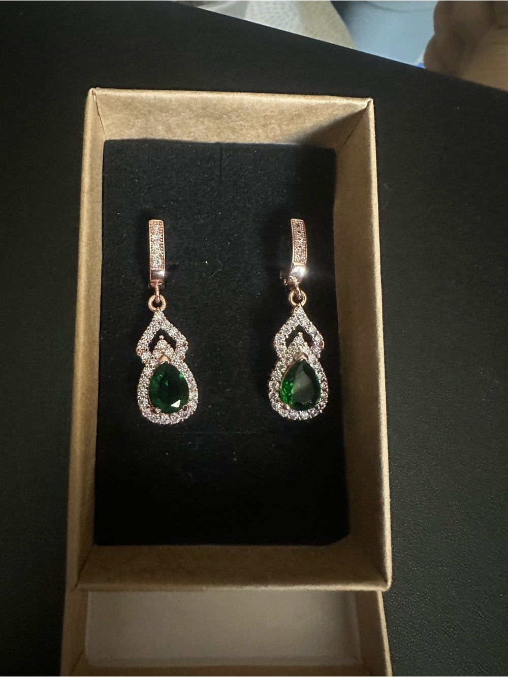 14kt Rose Gold Plated Stainless Steel Emerald Teardrop Drop Earrings